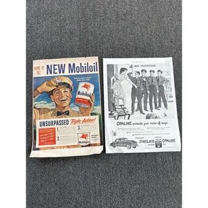 Lot 2 Vintage Motor Oil Print Ads 1950s Mobiloil Pegasus Sinclair Opaline Gas